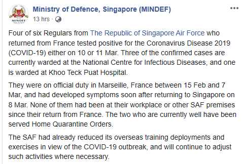 新加坡空軍6人法國出差，回國4人確診新冠